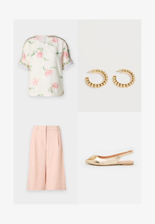 Blouse courte à manches courtes crème avec imprimé floral rose et feuilles vertes, ornée de motifs décoratifs en bordure verte et bleue sur les manches.; Pantalon court taille haute à jambes larges en tissu rose clair avec passants de ceinture et fermeture frontale dissimulée.; Chaussure plate slingback métallique dorée avec un bout pointu et un ornement décoratif en perles et strass sur le empeigne. Texture lisse.; Paire de boucles d’oreilles créoles dorées avec des détails de perles arrondies le long du bord extérieur sur un fond clair.