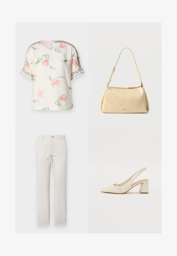 Roomkleurige blouse met korte mouwen, roze bloemenprint en groene bladeren, met decoratieve groene en blauwe randpatronen op de mouwen.; Rechtrand beige broek met riemlussen, knoopsluiting aan de voorkant en ritssluiting op een effen witte achtergrond.; Beige leren slingback schoen met een spitse neus, een lage blokhak en een klein strikdetail aan de voorkant. Soepele textuur en minimalistisch ontwerp.; Beige rechthoekige schoudertas met verstelbare riem en ritssluiting, met een klein "Anna Field" logo middenvoor.