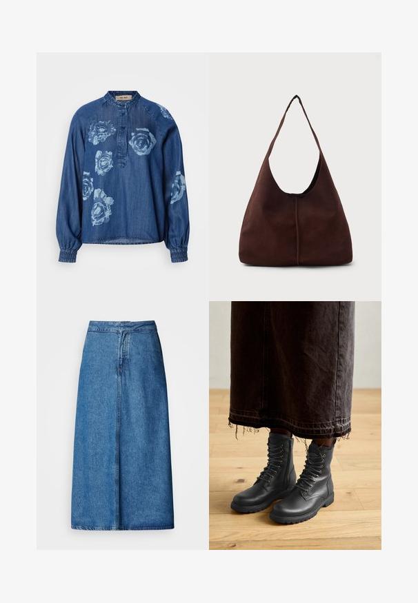 Denimskjorte i mørkeblå med afslappet pasform. Har blomsterprint i lyseblå, knaplukning og elastiske manchetter for en samlet effekt.; Denim midi-nederdel med afslappet pasform, høj talje, frynset kant og ensfarvet blå. Enkel design uden synlige udsmykninger.; Sorte læder snørebåndstøvler med tekstureret overflade, midt på læggen, rundet tå og robust sål, parret med en mørk, frynset denimnederdel.; Brun suedette hobo taske med en stor, buet åbning og en bred skulderrem. Har en centreret søm på forsiden. Glat tekstur.