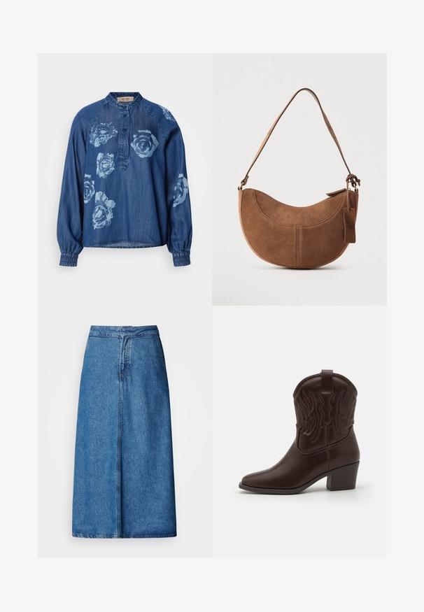 Denim shirt in donkerblauw met een relaxte pasvorm. Kenmerkt zich door bloemenprints in lichtblauw, een knoopsluiting en elastische manchetten voor een geplooid effect.; Denim midi-rok met een ontspannen pasvorm, voorzien van een hoge taille, rafelige zoom en een effen blauwe kleur. Eenvoudig ontwerp zonder zichtbare versieringen.; Bruine leren cowboylaarzen met spitse neuzen, geperste vleugelpatronen, een blokhak van gemiddelde hoogte en een lus aan de achterkant.; Bruine suède handtas met een gebogen, halve maanvorm. Voorzien van een schouderriem, een klein label en zichtbare stiksels langs de randen.