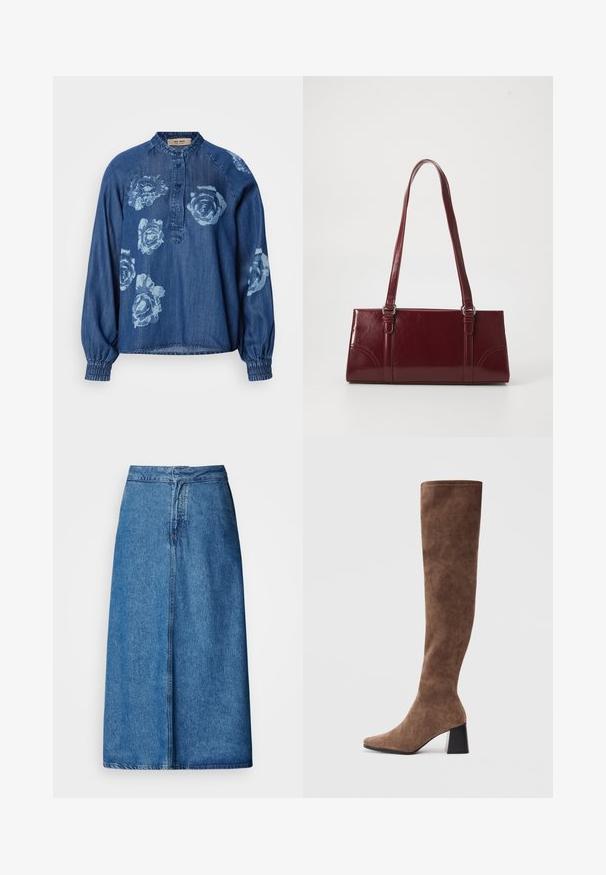 Denimskjorte i mørkeblå med afslappet pasform. Har blomsterprint i lyseblå, knaplukning og elastiske manchetter for en samlet effekt.; Denim midi-nederdel med afslappet pasform, høj talje, frynset kant og ensfarvet blå. Enkel design uden synlige udsmykninger.; Brune støvler over knæet lavet af blødt ruskind med spids tå og en kraftig sort hæl. Designet har sømløs syning for et elegant udseende.; Bordeaux håndtaske lavet af glansfuldt materiale, rektangulær form, med to skulderremme og subtile buede detaljer på forsiden.