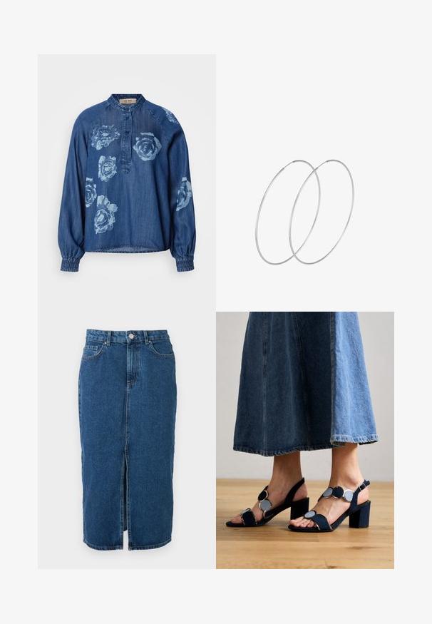 Denim shirt in donkerblauw met een relaxte pasvorm. Kenmerkt zich door bloemenprints in lichtblauw, een knoopsluiting en elastische manchetten voor een geplooid effect.; Blauwe denimrok van middellange lengte met een centrale split aan de voorkant, riemlussen, voorzakken en knoopsluiting in de taille.; Marco Tozzi Sandalen - navy; Zilveren hoepel oorbellen met een minimalistisch ontwerp. Cirkelvormig, gladde textuur en dun profiel. Lichtgewicht met een gepolijste afwerking.
