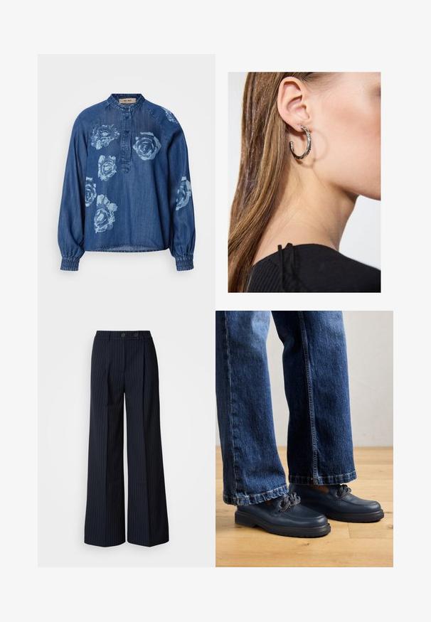 Camisa de mezclilla en azul oscuro con un corte relajado. Presenta estampados florales en azul claro, botonera y puños elásticos para un efecto recogido.; Pantalones de pierna ancha a rayas marino con dos botones frontales, diseño ajustado, pliegue en la parte delantera y una textura suave.; Zapatos de cuero azul marino con suela gruesa y detalle de cadena en la parte superior, combinados con unos vaqueros de mezclilla oscura de corte holgado.; Pendiente de aro de plata con un acabado pulido, que presenta pequeños detalles en dorado y una forma redonda, llevado en el lóbulo.
