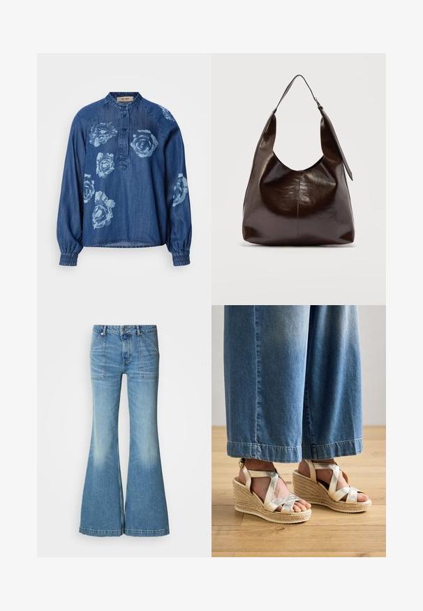 Camisa de mezclilla en azul oscuro con un corte relajado. Presenta estampados florales en azul claro, botonera y puños elásticos para un efecto recogido.; Vaqueros acampanados de mezclilla azul claro con cintura alta. Presentan dos bolsillos delanteros y un patrón de desgaste a lo largo de las piernas. El dobladillo está ligeramente deshilachado.; Sandalias de cuña doradas con tiras, con una base de yute trenzado. Presentan tiras cruzadas anchas y un diseño de punta redondeada. Combinadas con jeans de pierna ancha en azul claro.; Bolso de hombro de cuero marrón oscuro brillante con una sola correa ancha y detalle de hebilla en un lado, colocado sobre un fondo claro y sencillo.