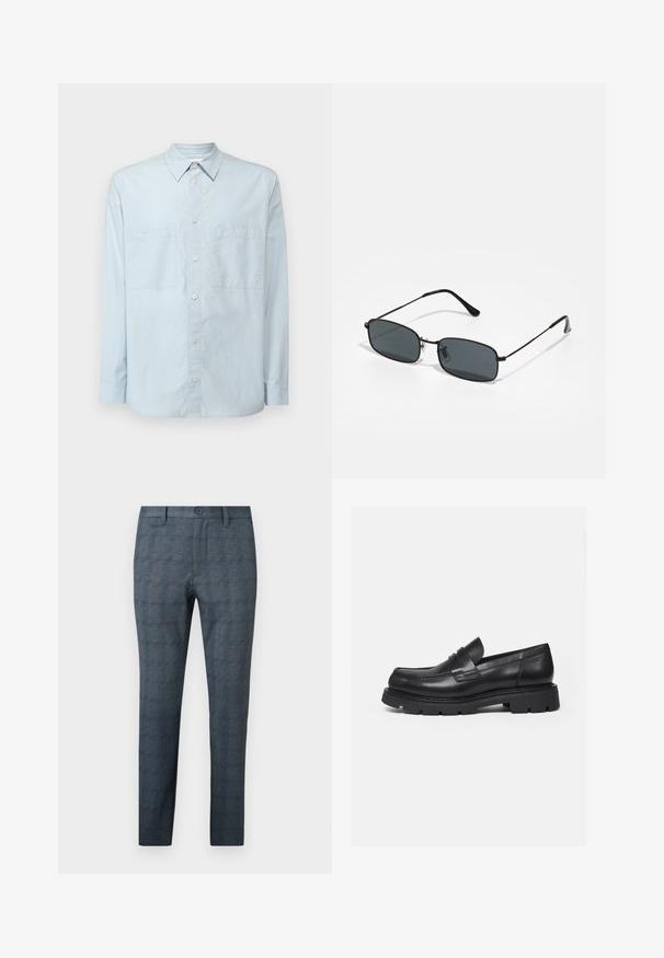Chemise bleu clair à manches longues en coton, dotée d'un col classique, de deux poches poitrine et d'une coupe légèrement décontractée.; Pantalon habillé homme slim fit bleu-gris avec un motif à carreaux discret, bouton devant, passants de ceinture et devant plat.; Mocassin en cuir noir avec semelle épaisse crantée et détail de bride penny, présenté en profil droit sur fond blanc.; Lunettes de soleil rectangulaires noires avec une fine monture en métal et des verres foncés reposant sur une surface blanche.