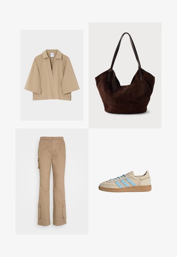 Beige, løstsiddende skjorte med brede trekvartlange ærmer, åben krave og et lille logo nær den nederste kant på en ensfarvet baggrund.; Nicki Studios STRAIGHT POCKET PANTS - Cargobukser - kahve; Beige sneakers med en tekstureret strik-overdel, lyseblå striber og brun gummisål. Har runde snørebånd og logodetalje på siden.; Brun ruskind taske med en blød, slouchy form. Har læderhåndtag og et tag-accent. Enkelt tekstur med buede sømme.