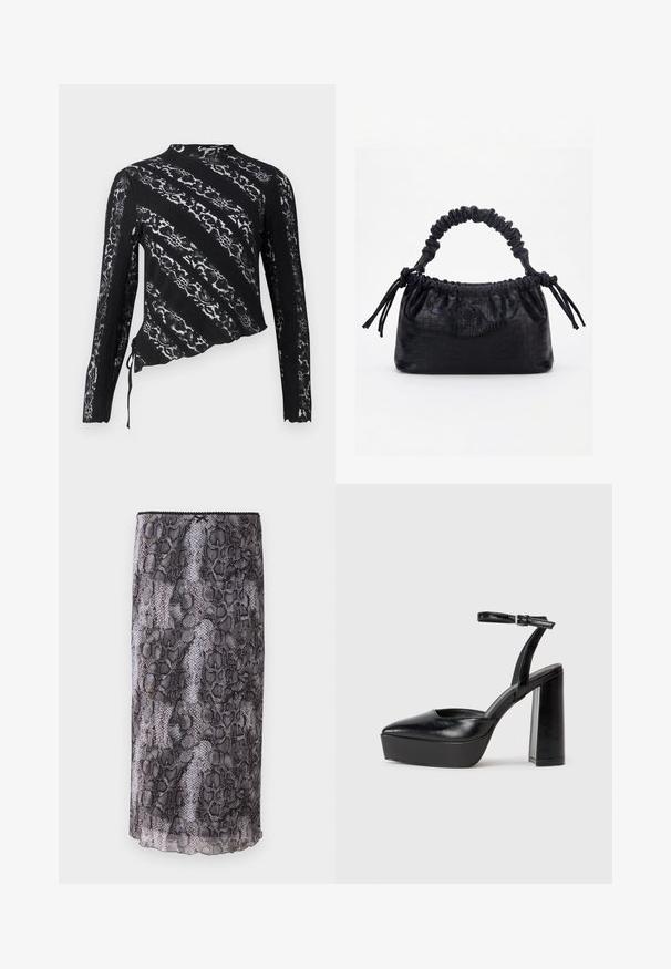 Zwarte kant lange mouwen top met asymmetrisch ontwerp, voorzien van intricatengpatronen, gestructureerde stof en verstelbare zijstrikdetail.; Zwart en grijs slangenprint pencil skirt met een sheer, textuurstof. Kenmerkt zich door een scalloped zoom en details aan de bovenrand.; Zwarte plateauhakken met een puntige neus en verstelbare enkelband. Gemaakt van soepel leer, met een robuuste blokhak.; Zwarte handtas met krokodillenstructuur, geplooide bovenrand, samengevoerde handgreep en koordtassels aan elke kant tegen een witte achtergrond.