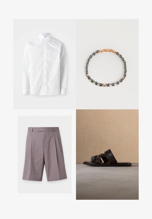 Weißes Langarmhemd aus glattem Baumwollstoff mit einem dezenten Punktemuster, klassischem Kragen, Knopfleiste und abgerundeten Manschetten.; Hellviolette, knielange, maßgeschneiderte Shorts mit Gürtelschlaufen, Vorderfalten und verdecktem Reißverschluss.; Schwarze Leder-Sandale mit flachem Absatz und drei überkreuzten Riemen, schwebend über einem gewebten Teppich aus Naturfasern.; Armband mit abwechselnden schwarzen und roségoldenen Metallgliedern, jedes schwarze Glied mit zwei kleinen silbernen Nieten, flach auf weißem Hintergrund liegend.