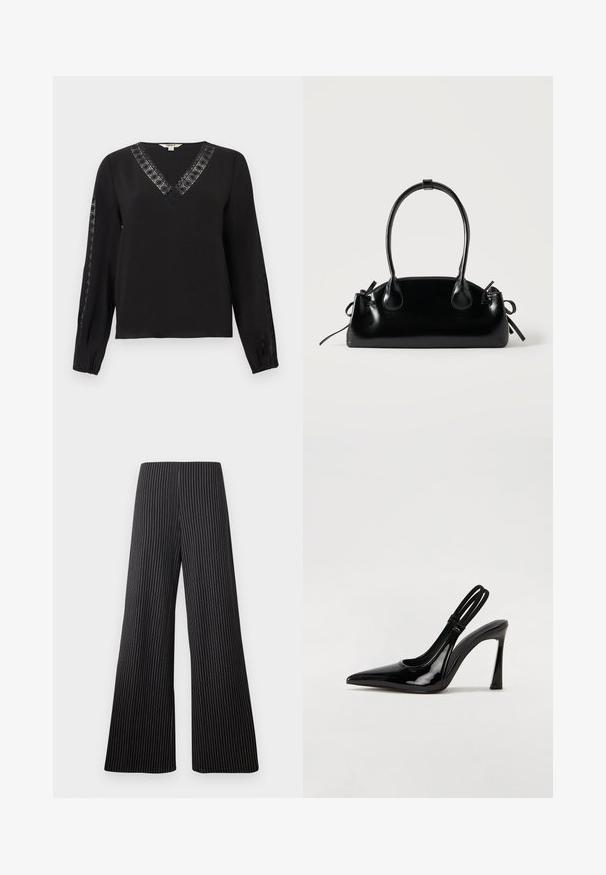 Blouse noire à manches longues avec un décolleté en V et un bord en dentelle le long du col et des manches extérieures, poignets élastiques, design simple et élégant.; Pantalons à jambes larges en tissu noir avec des rayures blanches. Présentent une taille haute et une texture lisse. Aucune embellissement visible.; Escarpin en cuir verni noir à talon aiguille, à bout pointu, avec une sangle élastique double pour un maintien sécurisé. Surface lisse et brillante.; Petit sac à main noir brillant avec deux longues anses et des détails à cordon sur les côtés sur un fond clair uni.