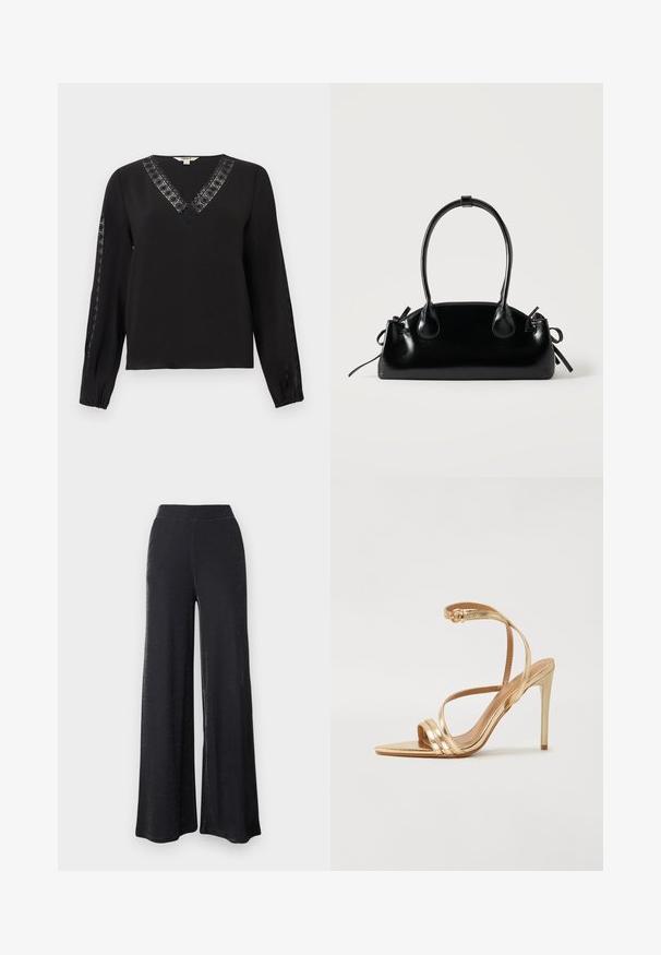 Sort langærmet bluse med V-udskæring og blondekant langs udskæringen og yderærmerne, elastiske manchetter, enkelt og elegant design.; Sorte breddebenede bukser lavet af et blødt, strækbart materiale med en subtil glans, der har en elastisk linning og en afslappet pasform.; Even&Odd Sandaler - gold; Lille sort blank håndtaske med to lange håndtag og snøre-detaljer i siden på en ensfarvet lys baggrund.