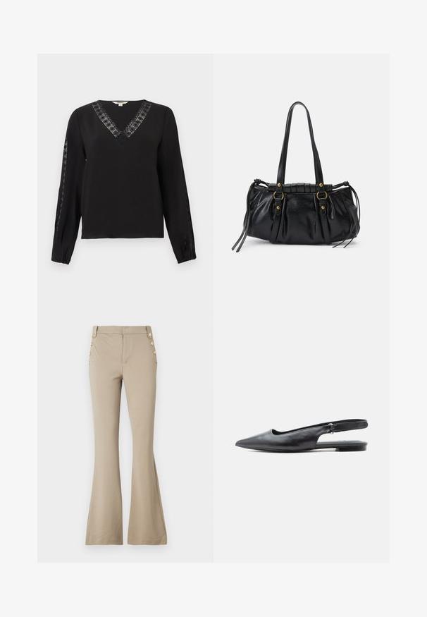 Blouse noire à manches longues avec un décolleté en V et un bord en dentelle le long du col et des manches extérieures, poignets élastiques, design simple et élégant.; Pantalons évasés beiges en tissu doux, avec une taille ajustée et cinq boutons décoratifs dorés de chaque côté. Texture lisse sans motifs.; Chaussure plate en cuir noir à bout pointu, bride arrière avec talon bas et bride ajustable sur fond clair.; Sac à main en cuir noir avec une forme arrondie, deux poignées, des accents en matériel décoratif et des détails de liens sur les côtés. Texture lisse et brillante.