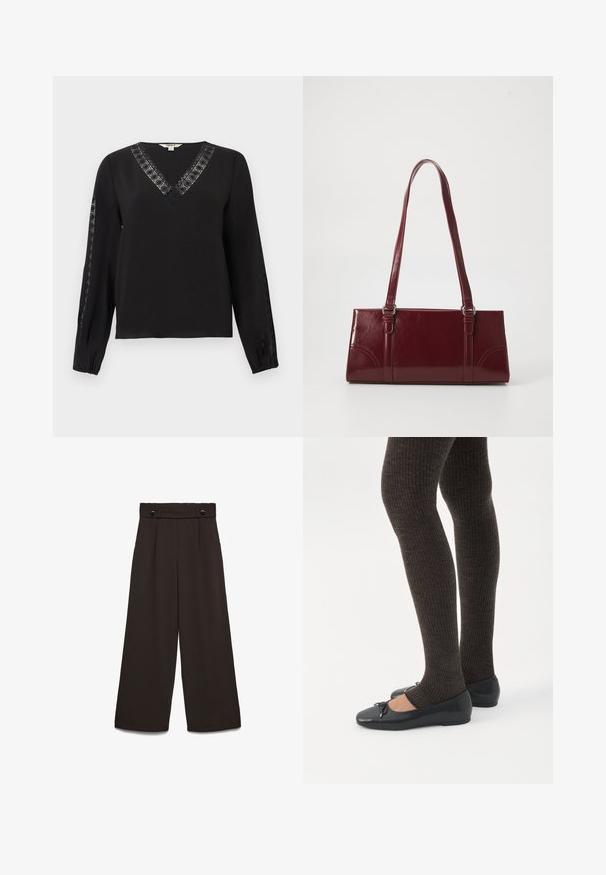Sort langærmet bluse med V-udskæring og blondekant langs udskæringen og yderærmerne, elastiske manchetter, enkelt og elegant design.; Bukser med vide ben i mørkebrun stof, med høj talje, to lommer foran og to knapper foran til lukning. Glat tekstur.; Ben iført mørke ribbede leggings kombineret med sorte balletsko med små sløjfedetaljer på hvid baggrund.; Bordeaux håndtaske lavet af glansfuldt materiale, rektangulær form, med to skulderremme og subtile buede detaljer på forsiden.