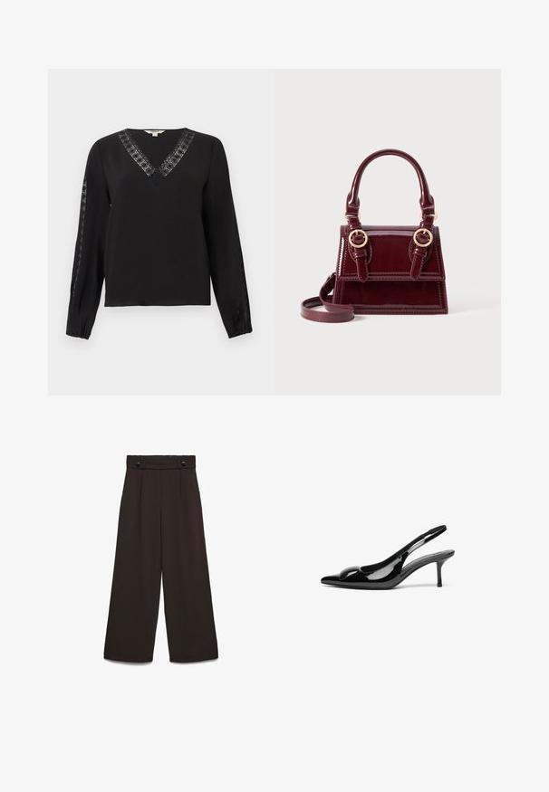 Sort langærmet bluse med V-udskæring og blondekant langs udskæringen og yderærmerne, elastiske manchetter, enkelt og elegant design.; Bukser med vide ben i mørkebrun stof, med høj talje, to lommer foran og to knapper foran til lukning. Glat tekstur.; Sorte laklæder slingback hæle med spidse tæer og en blank finish. Har en slank hæl og en rund detalje ved vampen.; Burgundy patentlæder håndtaske med dobbelte top håndtag, guldfarvede hardware detaljer og aftagelig skulderrem. Firkantet form med kontrasterende syninger.