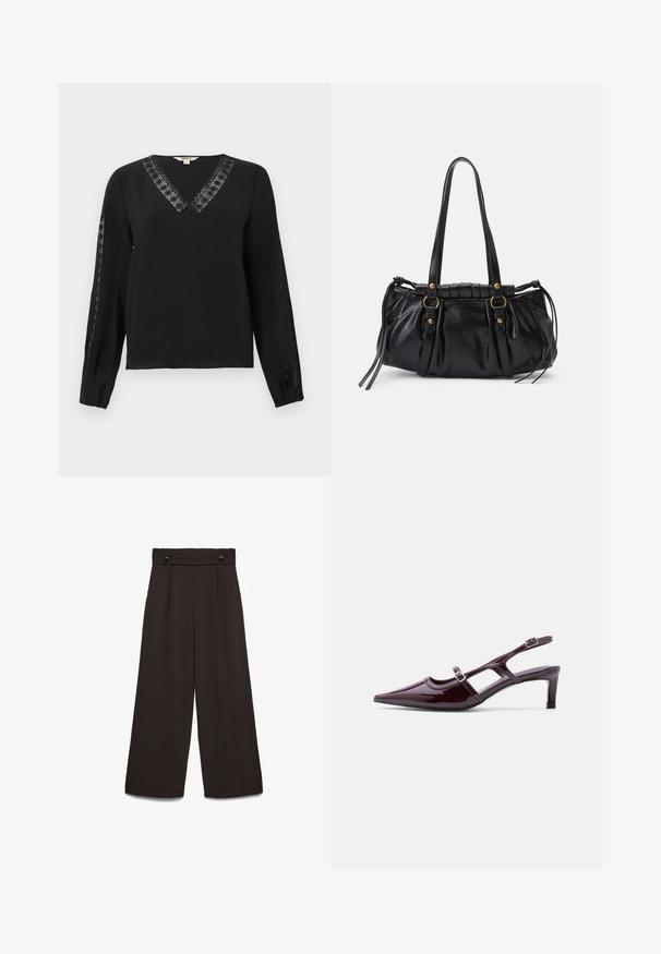 Sort langærmet bluse med V-udskæring og blondekant langs udskæringen og yderærmerne, elastiske manchetter, enkelt og elegant design.; Bukser med vide ben i mørkebrun stof, med høj talje, to lommer foran og to knapper foran til lukning. Glat tekstur.; Bordeaux laklæder slingback-sko med spids tå, lav hæl og dobbelte justerbare spænderem.; Sort læderhåndtaske med rund form, dobbelte hanke, dekorative hardware-detaljer og snøre på siden. Glat, blank overflade.