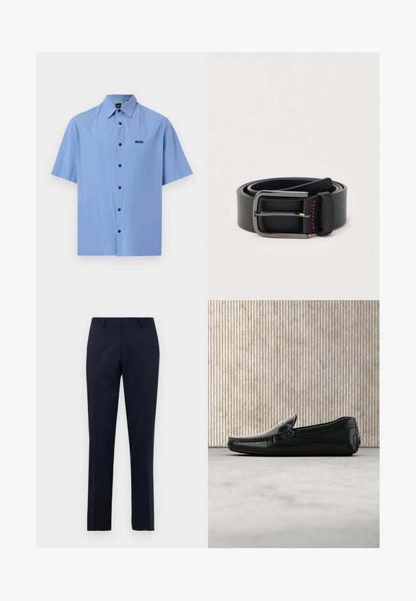 Lichtblauw overhemd met korte mouwen en knopen, voorzien van een puntige kraag en zwarte knopen, met een klein zwart "BOSS"-logo op de linkerborst.; Navy blauwe slim-fit formele broeken met riemlussen en doorgestikte plooien, weergegeven tegen een effen witte achtergrond.; Zwarte leren loafers met een glanzende afwerking, ronde neus en decoratieve hardware aan de voorkant. Laag profiel rubberen zool. Gladde textuur.; Zwarte leren riem met een zilveren gesp en rood stiksel, opgerold op een effen lichte achtergrond.