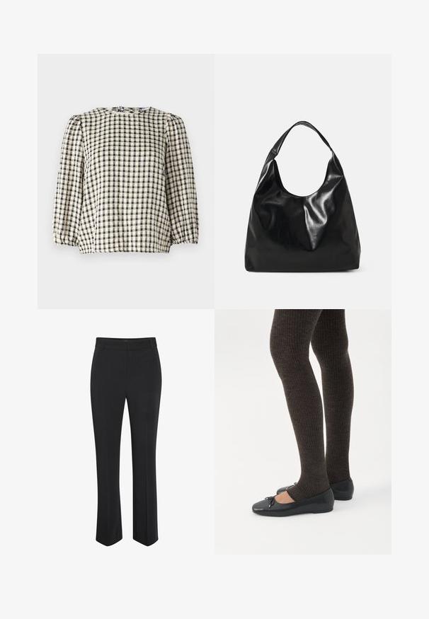 Sort og beige ternet bluse med rund halsudskæring, puffede lange ærmer og sammenkrøllede kantdetaljer. Fremstillet af et let stof.; Sorte, skræddersyede bukser med lige ben. Fremstillet af glat stof, med en taljeret linning i taljen og en diskret presning foran.; Ben iført mørke ribbede leggings kombineret med sorte balletsko med små sløjfedetaljer på hvid baggrund.; Sort læder hobo taske med en blød, skinnende tekstur og en rund, åben top. Har en bred, buet strop til bæring. Ingen synlig hardware.