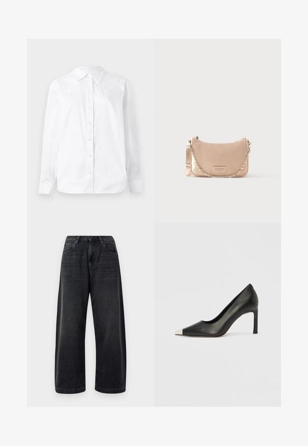 Camisa blanca de manga larga con botones, fabricada en algodón, que presenta un collar puntiagudo y un corte recto con una textura suave.; Jeans de pierna ancha en negro, fabricados en denim, con un diseño clásico de cinco bolsillos, un ligero desvanecimiento y un cierre de botón en la cintura.; Zapato de tacón alto de cuero negro con punta en forma de pico y una tapa metálica plateada. Presenta un acabado suave y un tacón delgado de 10 cm.; Bolso de mano rosa pálido con una silueta curvada, hecho de cuero liso y con una cadena como correa. Presenta un parche con el logo en el frente.