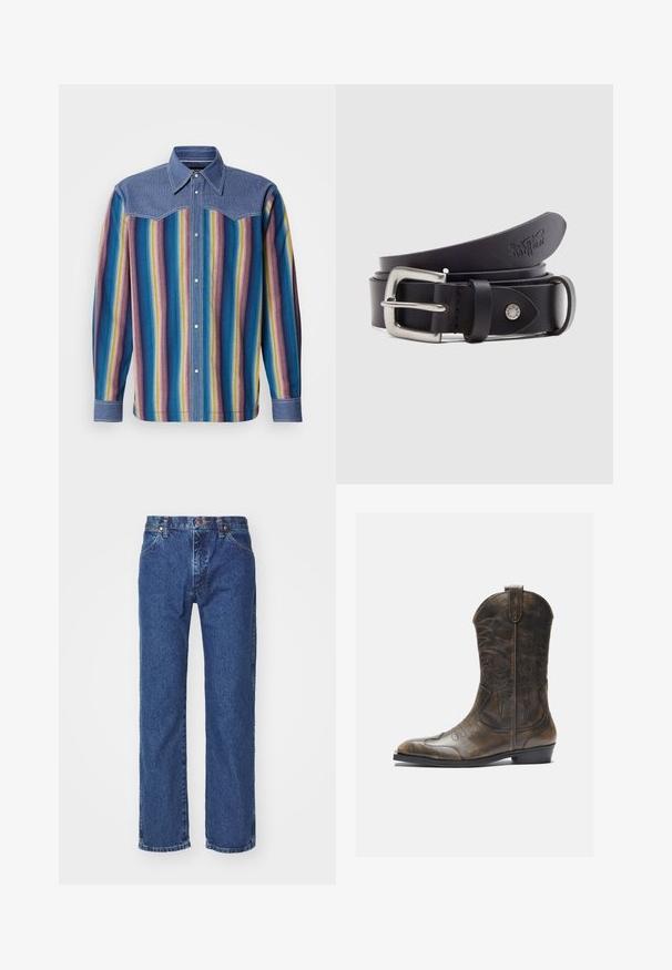 Skjorte med knaplukning og en blå denim yoke, prydet med lodrette striber i blå, lilla, gul og rød. Lange ærmer med knapmanchetter.; Straight-leg blå denim jeans med frontknap, lynlås, bæltestropper og fem-lomme design på en ensfarvet hvid baggrund.; Brune læder cowboystøvle med en høj skaft, spids tå, intrikate syning mønstre og en lille hæl. Struktureret finish hele vejen igennem.; Sort læderbælte med spænde i sølvmetal, en trykknap til justering og prægede detaljer på læderet. Glat tekstur over det hele.