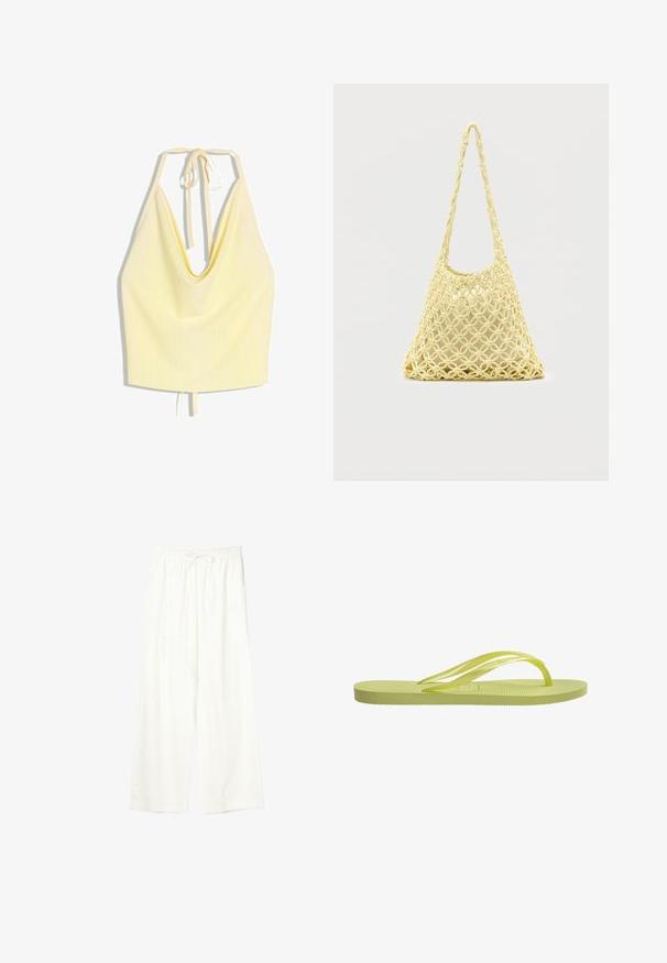 Lichtgele halter neck crop top met diepe V-halslijn en bindstrikjes aan de hals en rug.; Witte wijde broek met elastische tailleband en trekkoord, gemaakt van lichtgewicht stof.; Limoengroene teenslippers met ribbelzool, dunne bandjes en een gestructureerde voetbed. Gemaakt van rubber, met een minimalistisch ontwerp en een gladde afwerking.; Gele macramé net tas met lange band en beige tasje erin, getoond op een effen witte achtergrond.