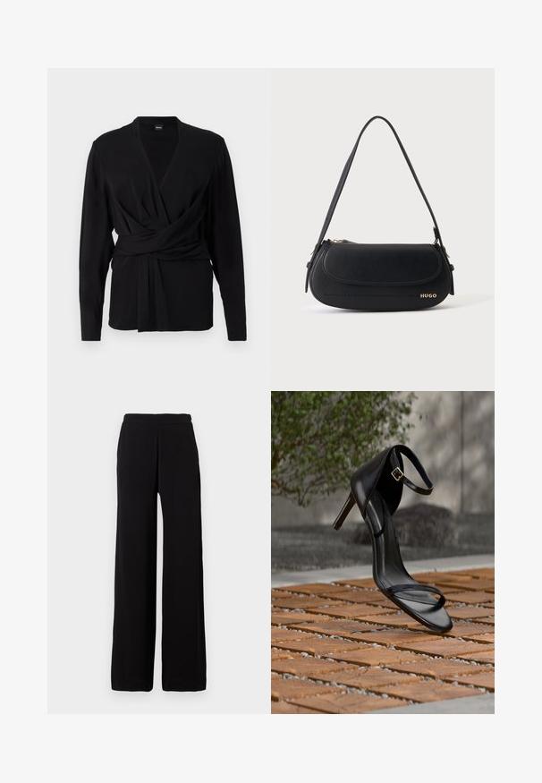 Haut enveloppant noir en tissu doux, avec des manches longues, un décolleté en V et une ceinture nouée mettant en valeur la taille. Texture lisse.; Pantalon noir à jambes larges en tissu doux avec une taille élastique, présentant un design épuré sans motifs ni accents visibles.; Sandale noire à talon haut avec sangle à la cheville, suspendue au-dessus d'un sol en carreaux de bois à l'extérieur, avec un arrière-plan flou de verdure et de pierre.; Sac à épaule en cuir noir avec rabat incurvé, logo doré "HUGO" sur le devant, et une bandoulière réglable.