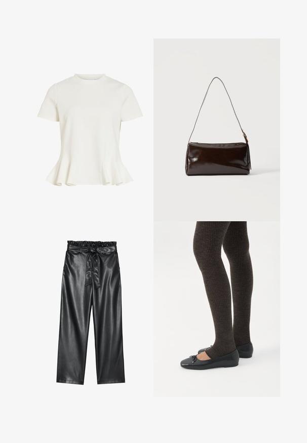 Blouse blanche à manches courtes avec col rond et ourlet évasé à basque, tissu lisse et design simple et ajusté.; Pantalons larges en simili cuir noir avec une taille élastiquée à volant et une ceinture à nouer amovible. Texture lisse et éclat minimal.; Jambes portant des leggings côtelés foncés associés à des ballerines noires avec de petits détails en nœud sur fond blanc.; Sac à bandoulière rectangulaire en cuir marron foncé avec une seule sangle fine et une boucle dorée sur un fond uni.