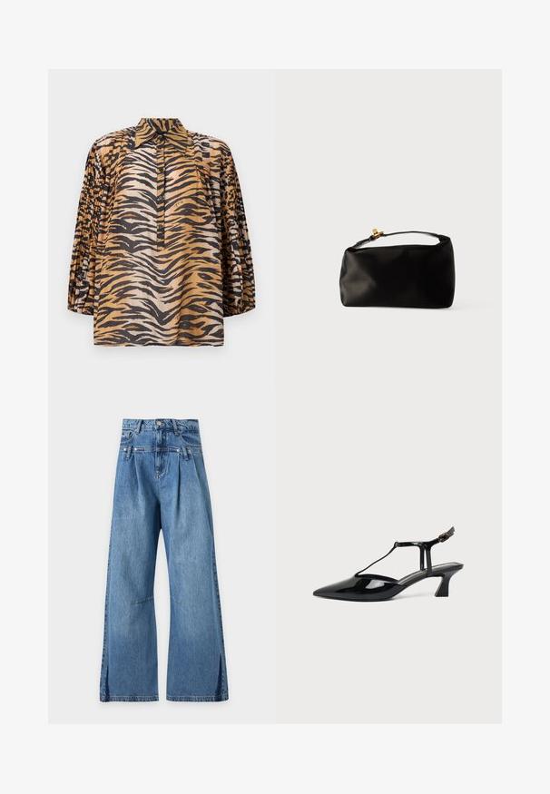 Langærmet bluse med plisserede ærmer, tigerprint i nuancer af orange, sort og beige samt knaplukning foran med spids krave.; Blå højtaljede jeans med brede ben, læg under linningen og diskret horisontal syning ved lårene, vist på en ensfarvet baggrund.; Sort laklæder spids tå slingback sko med T-rem og lav skrå blokhæl på hvid baggrund.; Sort satinpung med en afrundet form, et håndtag i toppen og en guldaccentlås. Glat tekstur med et minimalistisk design.