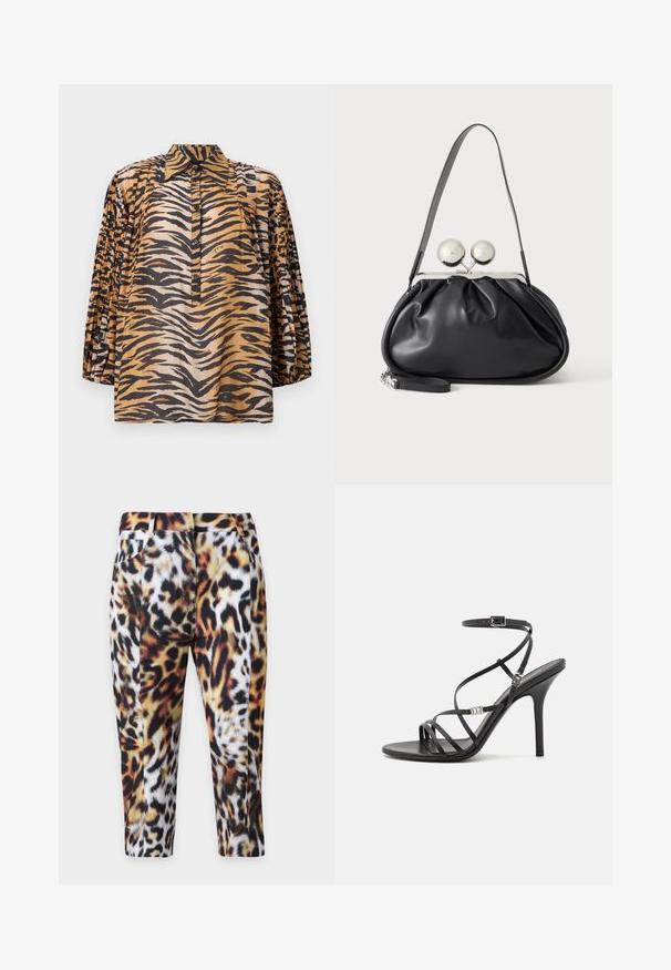 Langärmlige Bluse mit plissierten Ärmeln, Tiger-Print-Muster in Orange-, Schwarz- und Beigetönen sowie durchgehender Knopfleiste vorne mit spitzem Kragen.; Hosen mit geradem Bein, mehrfarbigem Leopardenmuster und Fronttaschen vor schlichtem hellem Hintergrund.; Schwarze High-Heel-Sandale mit dünnen Riemen, einem Knöchelverschluss, einer glatten Lederoberfläche und einem schlanken Stiletto-Absatz.; Schwarze Ledertasche mit gerafftem Design, einem einzelnen Riemen, silbernem Metallrahmen und zwei großen runden silbernen Verschlüssen.