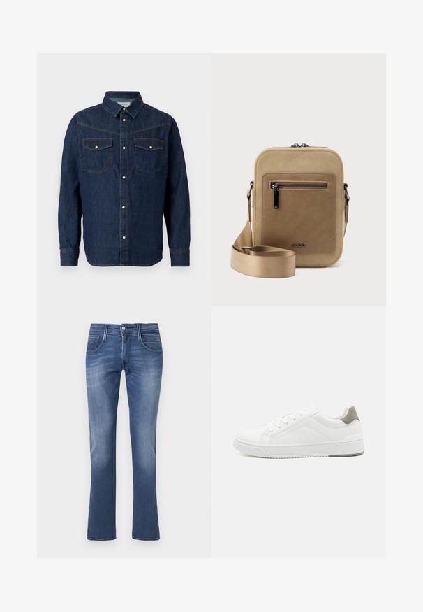Mørkeblå denimskjorte med lange ærmer, spids krave, knaplukning foran og to brystlommer med klap og trykknapper.; Blå denim straight-leg jeans med frontknap, lynlås samt for- og baglommer på en hvid baggrund.; Hvid sneaker lavet af glat læder, rund tå, minimalistisk design, grå hælafsats og tekstureret gummisål.; Lille beige crossbody-taske med lynlåslomme foran, metal ALDO-logo, justerbar bred rem og rundet rektangulær form på hvid baggrund.