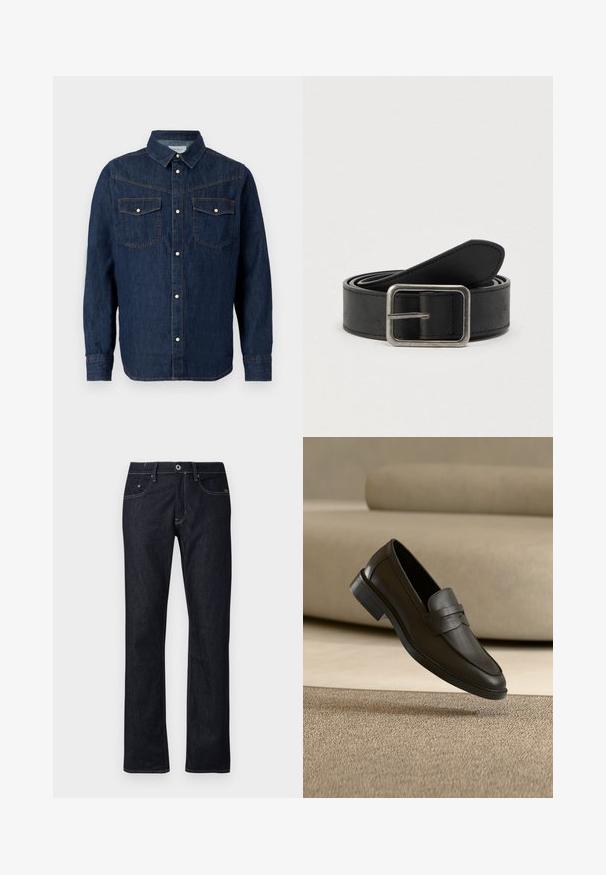 Dunkelblaues Denim-Hemd mit langen Ärmeln, spitzem Kragen, durchgeknöpftem Vorderteil und zwei aufgesetzten Brusttaschen mit Druckknöpfen.; Dunkelblaue Jeans aus Denim mit geradem Bein, ausgestattet mit dem klassischen Fünf-Taschen-Design und kontrastierenden Nähten sowie einem Knopfverschluss.; Schwarzer Lederloafer, der auf einem beigen Teppich liegt, mit einem gebogenen beigen Sofa im Hintergrund.; Schwarzer Ledergürtel mit einer silbernen Metallschnalle, der eine glatte Textur und ein schlichtes, klassisches Design aufweist.