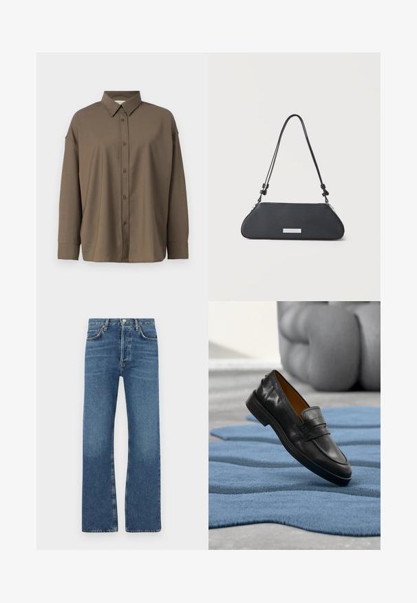 Brun skjorte med knaplukning og struktureret krave, lange ærmer og tekstureret stof. Har lige pasform og fuld knaplukning foran.; Blå jeans lavet af denim, med en lige ben design, fem lommer, en knaplukning og subtile slidte områder på lårene.; Sort læderloafer placeret på et blåt tekstureret tæppe med en sløret grå pude i baggrunden.; Sort læder skuldertaske med forlænget trapezform, justerbar rem og sølvfarvet rektangulært brandemærke foran.