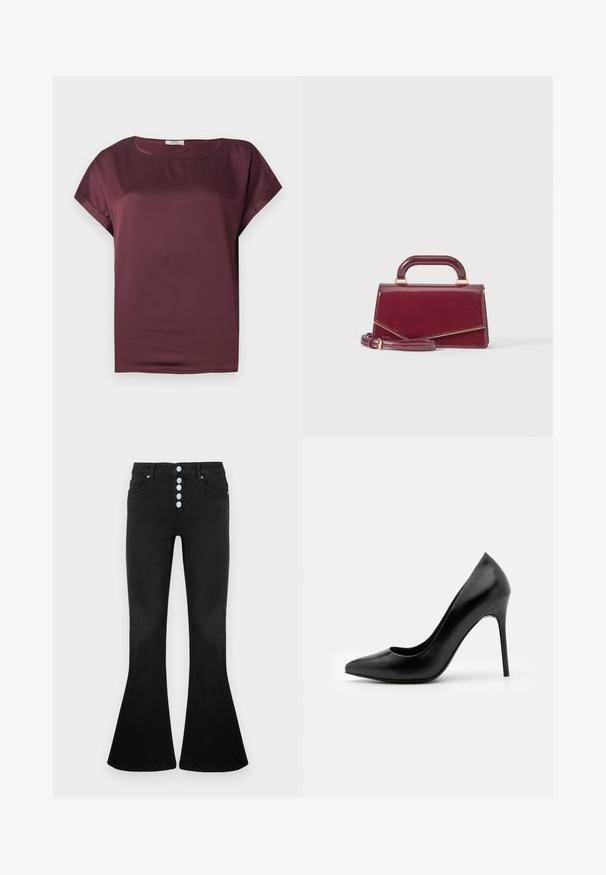 Donker bordeaux satijnen blouse met korte mouwen, ronde halslijn en losse pasvorm, afgebeeld op een effen lichtgrijze achtergrond.; Zwarte uitlopende jeans met een hoge taille, vijfknopsluiting, zachte denimtextuur en subtiele stikdetails op zakken en naden.; Zwarte leren high heel pump met een spitse neus en een gladde textuur. Kenmerkt zich door een slanke stilettohak en een laag uitgesneden vamp ontwerp.; Kleine glanzende bordeauxrode handtas met een bovenhandvat en een afneembare schouderriem, weergegeven tegen een eenvoudige lichte achtergrond.
