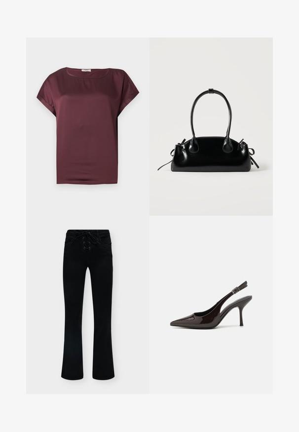 Blusa de satén burdeos oscuro de manga corta con escote redondo y ajuste holgado, mostrada sobre un fondo liso gris claro.; Pantalones negros de cintura alta con detalle de cordones en la parte delantera y piernas acampanadas, presentados extendidos sobre un fondo claro y liso.; Zapato de tacón alto tipo slingback en piel sintética brillante de color marrón oscuro, con punta afilada, laterales abiertos y correa ajustable en el tobillo.; Pequeño bolso negro brillante con dos asas largas y detalles de cordón lateral sobre un fondo claro liso.