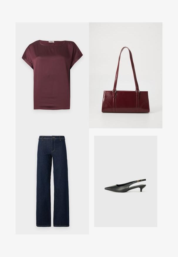 Blusa de satén burdeos oscuro de manga corta con escote redondo y ajuste holgado, mostrada sobre un fondo liso gris claro.; Jeans de pernera ancha de lavado oscuro con un diseño clásico de cinco bolsillos, hechos de denim, con costuras doradas y un cierre de botón en la cintura.; Zapato de tacón slingback negro de punta afilada, hecho de cuero suave. Presenta un tacón delgado y un detalle de hebilla en la correa ajustable.; Bolso burdeos hecho de material brillante, de forma rectangular, con dos asas para el hombro y sutiles acentos curvados en la parte frontal.