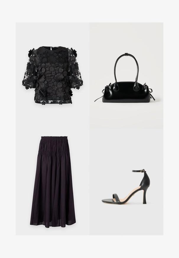 Haut noir avec application florale et manches transparentes, présentant des détails en fleurs tridimensionnels et un col rond. Comprend une fermeture en forme de trou de serrure au dos.; Jupe longue noire avec taille élastique froncée et tissu plissé, design fluide, couleur unie, matière légère.; Sandale à talons hauts en cuir noir avec une fine bride de cheville, bout ouvert et un talon élégant et courbé. Semelle texturée et design minimaliste.; Petit sac à main noir brillant avec deux longues anses et des détails à cordon sur les côtés sur un fond clair uni.