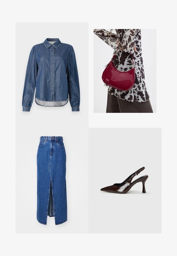 Mørkeblå denimskjorte med krave, knaplukning fortil, lange puffede ærmer og rundet kant, der har kontrastsyninger.; Denim maxi nederdel i mellemblå med slids foran, høj talje og klassisk fem-lomme design. Har kontrastsyning og lynlåsåbning.; Brune patenterede læderslingback-sandaletter med spids tå, en tynd hæl og justerbar rem med en lille spænde.; Kvinde iført en sort- og hvidmønstret bluse, der holder en blank rød skuldertaske mod en ensfarvet baggrund.
