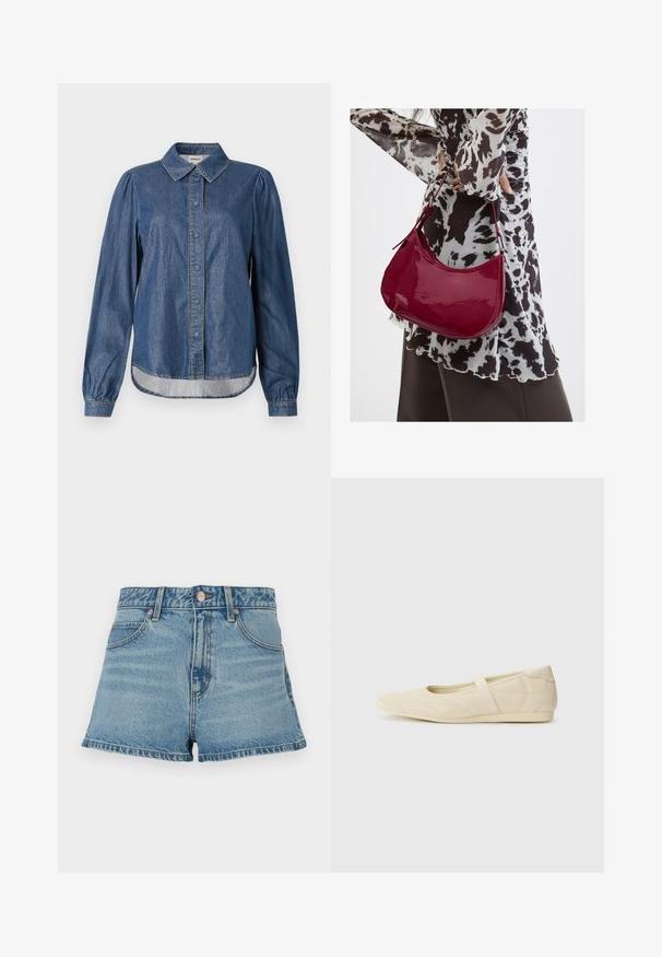 Mørkeblå denimskjorte med krave, knaplukning fortil, lange puffede ærmer og rundet kant, der har kontrastsyninger.; Lysblå denimshorts med høj talje, frynset kant, kontrasterende syninger og frontlommer. Inkluderer en metalknap og mærkeetiket.; Lysebrune ballet flats med en glat læderoverflade, mandelformet tå og elastisk rem over vristen, med diskrete syninger.; Kvinde iført en sort- og hvidmønstret bluse, der holder en blank rød skuldertaske mod en ensfarvet baggrund.
