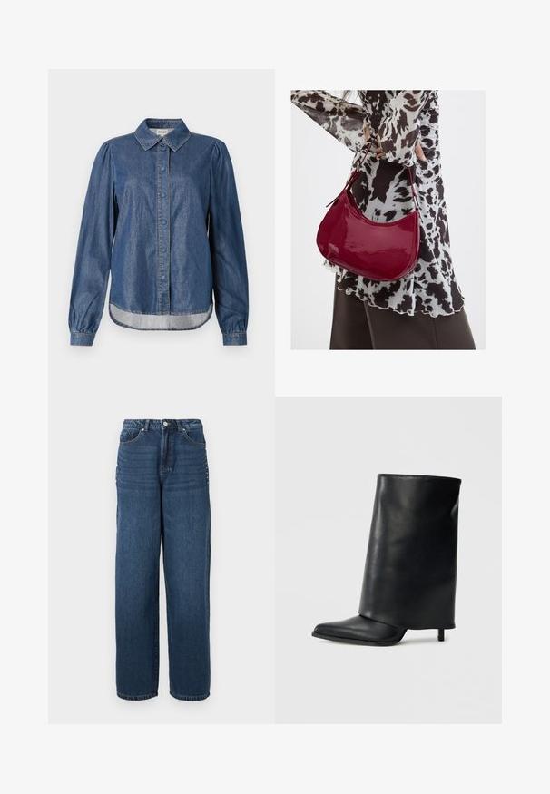 Chemise en denim bleu foncé avec un col, fermée par des boutons à l'avant, manches longues bouffantes et ourlet arrondi, avec des coutures contrastantes.; Jean en denim bleu foncé avec une coupe ample, un design à cinq poches et une fermeture à bouton avec des accents en métal le long des coutures latérales.; Bottine en cuir noir avec un design structuré à rabat, bout pointu et talon fin. Texture lisse avec un minimum de détails.; Femme portant un chemisier à motif noir et blanc tenant un sac à main rouge brillant sur un fond uni.