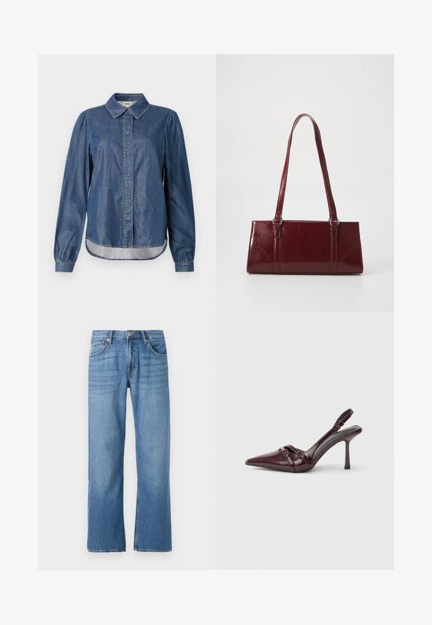 Donkerblauwe denimshirt met een kraaglijn, knoopsluiting aan de voorkant, lange pofmouwen en een afgeronde zoom, met contrasterende stiksels.; Lichtblauwe denim jeans met een recht model, vijf-pocket stijl, enkele knoopsluiting en gestikte details langs de naden.; Bordeauxrode lakleren slingback met puntige neus, dunne enkelband en kleine decoratieve gespsluiting. Gladde textuur en hoge hak.; Bourgondische handtas van glanzend materiaal, rechthoekige vorm, met twee schouderbanden en subtiele gebogen accenten aan de voorkant.