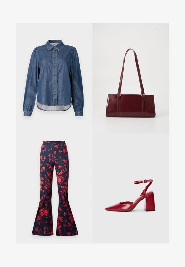 Dunkelblaue Jeanshemd mit Kragen, vorderem Knopfverschluss, langen gepufften Ärmeln und abgerundetem Saum, mit kontrastierenden Nähten.; Schlupfhosen aus dunkelblauem Stoff mit einem leuchtend roten Blumendesign. Sie haben eine taillierte Taille und ausgestellt geschnittene Beine. Glatte Textur.; Rote Slingback-Pumps aus Leder mit spitzer Zehenpartie, klobigem Blockabsatz und einem verstellbaren Knöchelriemen. Glatte Textur, minimalistisches Design.; Burgunderfarbene Handtasche aus glänzendem Material, rechteckige Form, mit zwei Schulterriemen und subtilen, geschwungenen Akzenten an der Vorderseite.