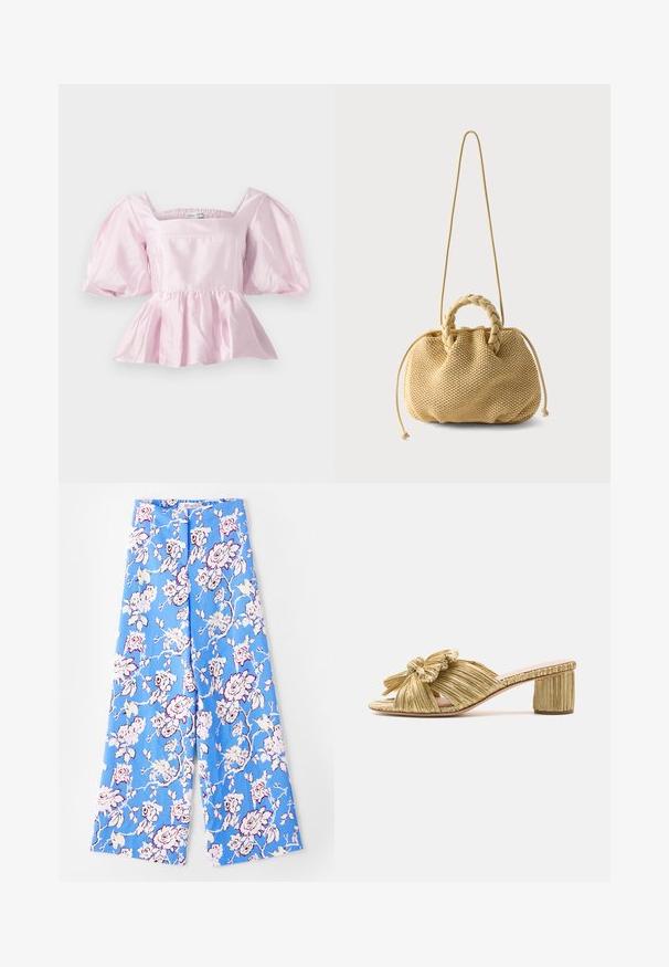 Top peplum de color rosa claro, confeccionado en una tela de satén brillante. Presenta un escote cuadrado y mangas abullonadas con un dobladillo elástico.; Pantalones florales azules con un patrón de rosas en tonos pastel. La tela es suave, con un corte relajado, piernas anchas y una cinturilla elástica.; Sandaña deslizante dorada con detalle de lazo, punta abierta y un tacón cuadrado texturizado. Presenta una suela plana y un forro interno suave.; Bolso tejido beige con asas trenzadas en la parte superior, laterales con cordón ajustable y una correa larga y delgada para el hombro sobre un fondo blanco liso.