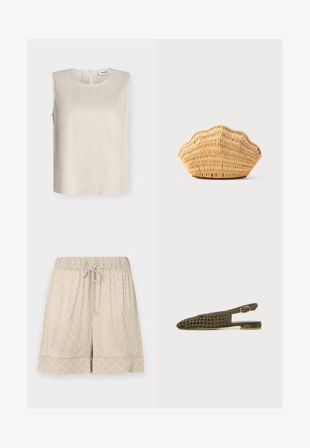 Top sans manches beige en mélange de lin avec encolure ronde et fermeture éclair au dos de Modström, présenté sur fond uni.; Shorts beiges en tissu doux avec une taille élastique, un cordon de serrage et une texture à motif en losanges. Comprend un ourlet à revers.; Chaussure slingback plate tissée vert olive avec un petit talon carré et une bride à boucle dorée réglable.; Sac à main en rotin tissé en forme de coquille Saint-Jacques de couleur brun clair naturel avec des bords arrondis et texturés.