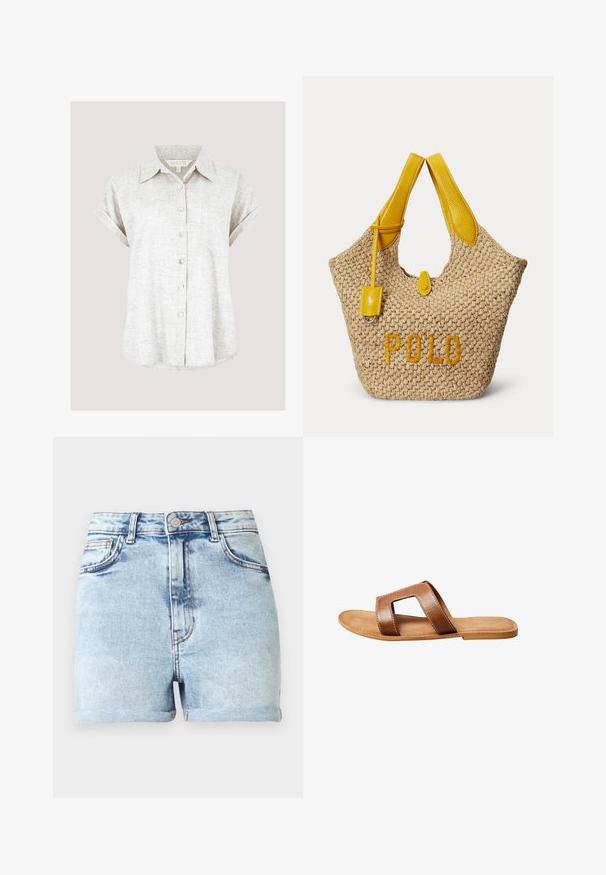 Lys beige linned skjorte med korte ærmer og manchetter, en brystlomme og en let buet søm, med et struktureret stof.; Lyseblå denimshorts med høj talje, fem lommer og opkrogede kanter. Har diskret falmet effekt og kobberfarvet hardware.; Brun læder slidesandal med bred rem med rektangulært udskåret hul, flad sål og synlige hvide syninger på hvid baggrund.; Beige vævet taske med gule læderhåndtag, et lille gult lædermærke og ordet "POLO" broderet i gult foran.