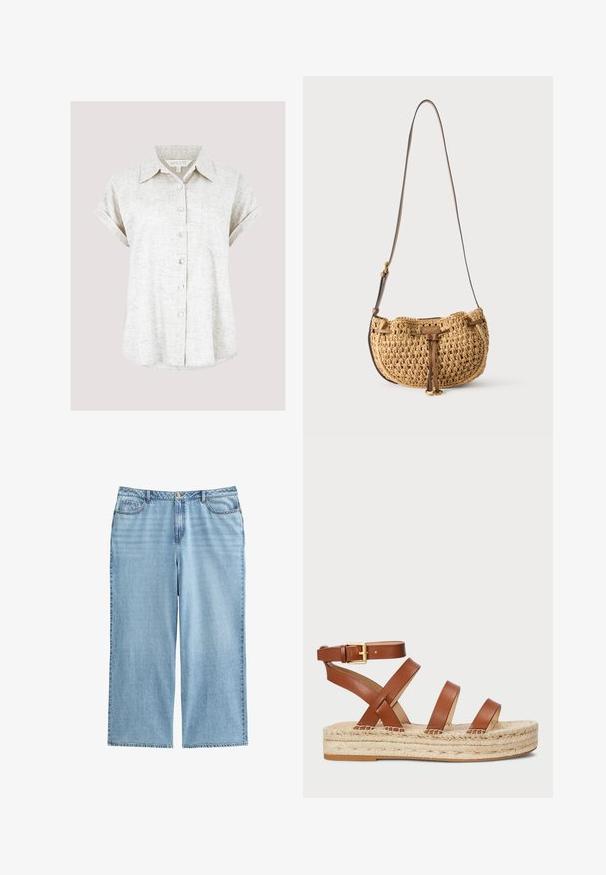 Lichtbeige linnen overhemd met korte, opgerolde mouwen, een borstzak en een licht gebogen zoom, voorzien van een gestructureerde stof.; Lichtblauwe denim culottes met een hoge taille, brede benen en een vijf-pocket ontwerp met contrasterende stiksels en een knoopsluiting.; Bruine leren sandaal met drie banden en een enkelgesp, met een gevlochten jute zool voor extra textuur en hoogte.; Kleine beige gevlochten schoudertas met verstelbare bruine leren riem en een leren strikdetail aan de voorkant, hangend tegen een witte achtergrond.