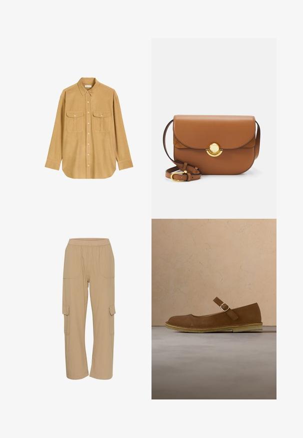 Camisa de botón color beige con un cuello clásico, mangas largas y dos bolsillos en el pecho. Fabricada con un tejido suave de textura lisa.; Pantalones cargo beige con una cintura elástica, bolsillos laterales y un corte relajado. Fabricados con un tejido ligero y texturizado.; Zapato Mary Jane de ante marrón con correa de hebilla, suela beige, colocado sobre una alfombra beige junto a una mesa de madera con libros apilados.; Bolso cruzado de cuero marrón con bordes redondeados, cierre magnético y herrajes dorados. Correa ajustable para mayor versatilidad.