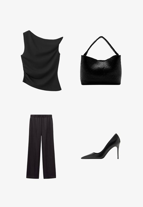 Haut noir asymétrique sans manches avec un design à une épaule et un léger froncé sur un côté.; Pantalon noir à jambes larges avec ceinture élastique et poches latérales, en tissu lisse conçu pour le confort et un port décontracté.; Chaussure à talon haut en cuir noir avec un bout pointu, texture lisse et un talon aiguille fin. Présente un design épuré et minimaliste.; Sac à main tissé noir avec une anse unique tressée, forme rectangulaire et surface texturée brillante.