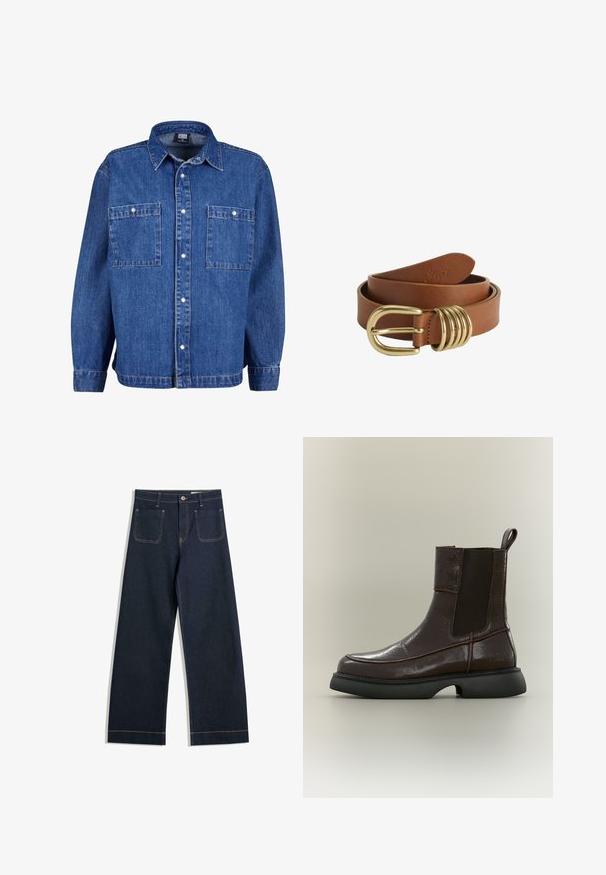 Jeansjack in medium blauw met lange mouwen, knoopsluiting aan de voorkant en twee borstzakken. Beschikt over een klassieke kraag en een ontspannen pasvorm.; Donkerblauwe wijde jeans gemaakt van denim met contrasterende tan stiksels, twee achterzakken en een knoopsluiting bij de taille.; Donkerbruine leren enkellaars met zwart elastisch zijpaneel en stevige zwarte zool op neutrale achtergrond.; Bruine leren riem opgerold met een glanzende gouden gesp en vier gouden ringen bij de gesp.