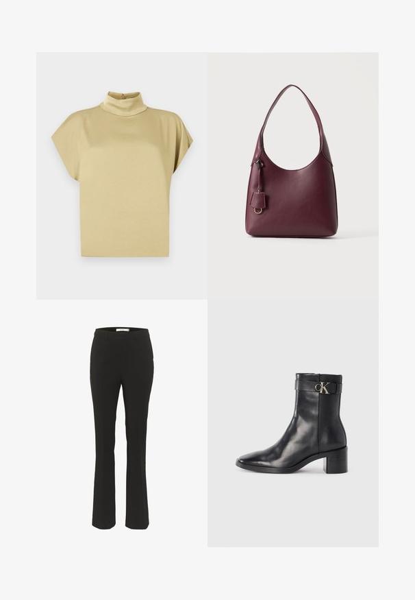 Beige kortærmet top med høj hals og knaplukning bag på kraven.; Sorte skræddersyede bukser med slim fit, flagrende bund, glat front og ingen synlige lommer. Fremstillet af glat stof med minimale sømme.; Sort læder ankelstøvle med spids tå, blokhæl og en rem med en metallisk logo detalje. Glat tekstur og minimalistisk design.; Mørk bordeauxfarvet lædertaske med enkelt skulderrem og lille dekorativt mærke med en gylden ring på en ensartet lys baggrund.