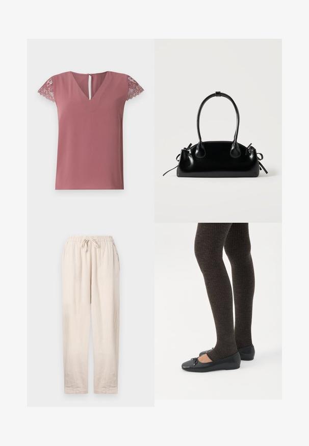 Haut rose avec un décolleté en V et des manches courtes, doté de dentelle. Tissu lisse avec un détail en keyhole au dos.; Pantalons en lin beige avec une taille élastique et un cordon de serrage. Comprend deux poches latérales et une coupe décontractée avec des jambes droites.; Jambes portant des leggings côtelés foncés associés à des ballerines noires avec de petits détails en nœud sur fond blanc.; Petit sac à main noir brillant avec deux longues anses et des détails à cordon sur les côtés sur un fond clair uni.