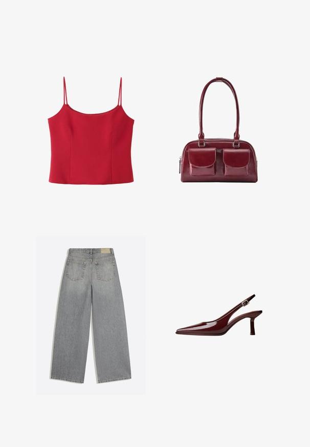 Rød ærmeløs camisole top med tynde dobbelte spaghetti stropper og en lige halsudskæring på hvid baggrund.; Grå vidbenede denimjeans der viser bagsiden med to lommer og bæltestropper lagt fladt på hvid baggrund.; Kastanjefarvet patentlæder slingback-pump med spids tå, mellemhøj kittenhæl og sølv spænde på hvid baggrund.; Mørkerød læderhåndtaske med to forlommer med klap og lange skulderstropper, vist på hvid baggrund.