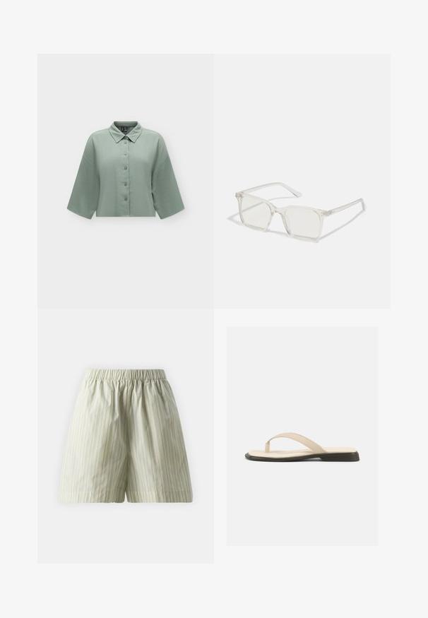Chemise courte texturée vert clair avec manches larges et boutons sur le devant, présentée sur fond uni.; Shorts en coton vert clair présentant des rayures blanches verticales, une taille élastique et une coupe ample et décontractée. Texture lisse.; Sandale plate beige à bride en forme de tongs avec une semelle intérieure rembourrée et une semelle noire, vue de côté sur fond blanc.; Lunettes carrées en plastique transparent avec des verres translucides, dotées d'accents dorés sur les branches pour plus de détails.